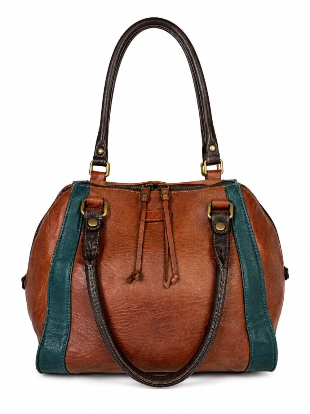 Abaco Paris Leather Satchel Brown Teal Colorblock Bag Made in France